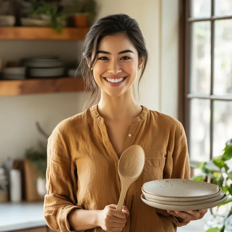 A smiling gastronomy chef of erarecipes, Luci, holding a wooden spoon and a stack of ceramic plates in a warmly lit kitchen.