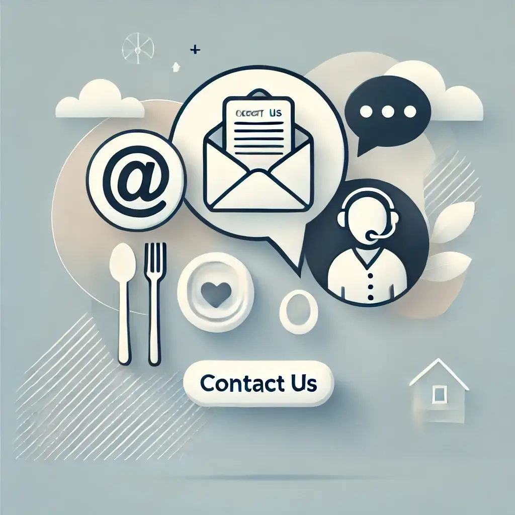 A contact us concept featuring an email icon, chat bubble, and a support representative, symbolizing communication and assistance.