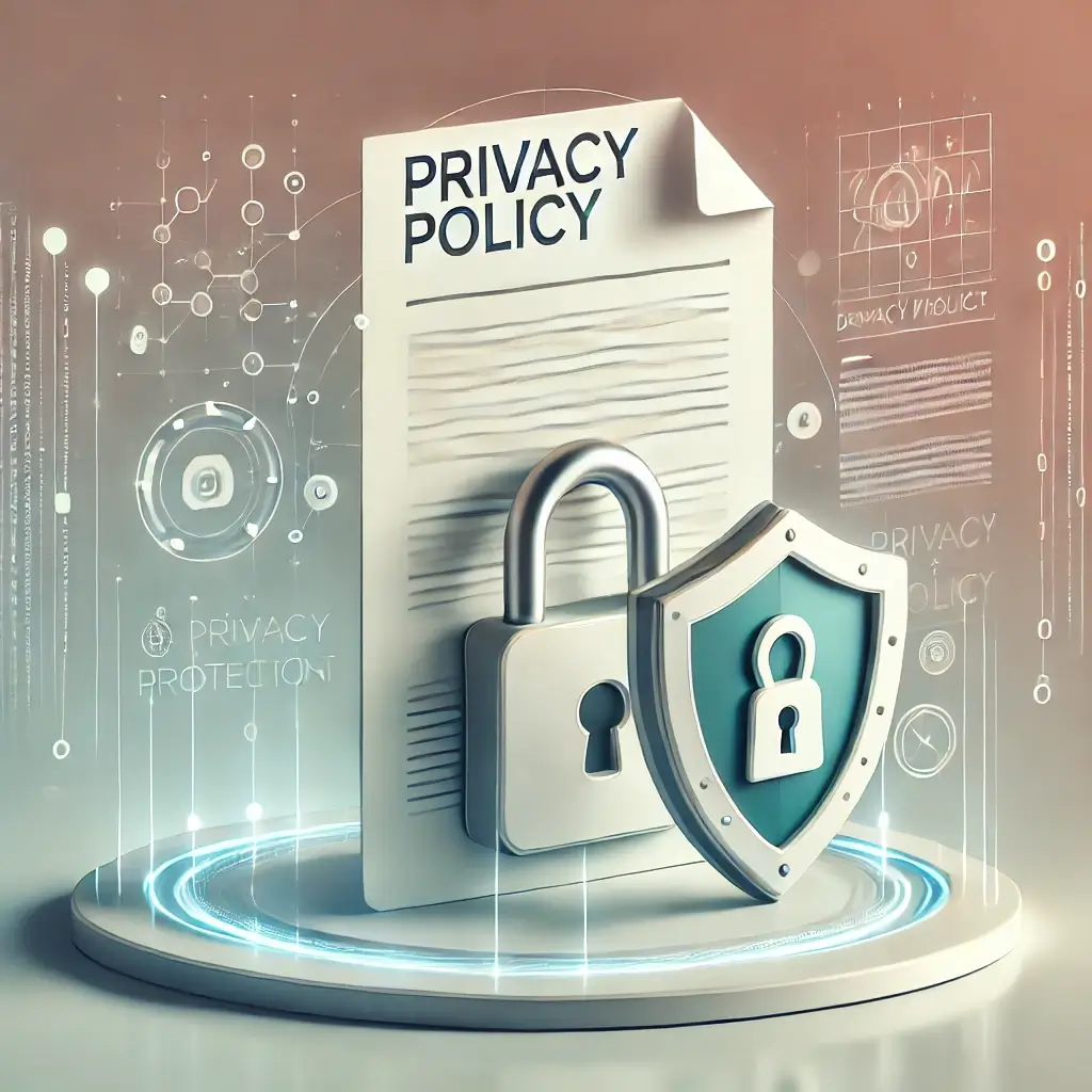 A digital privacy policy concept featuring a secure padlock, a shield, and a document symbolizing data protection and compliance.