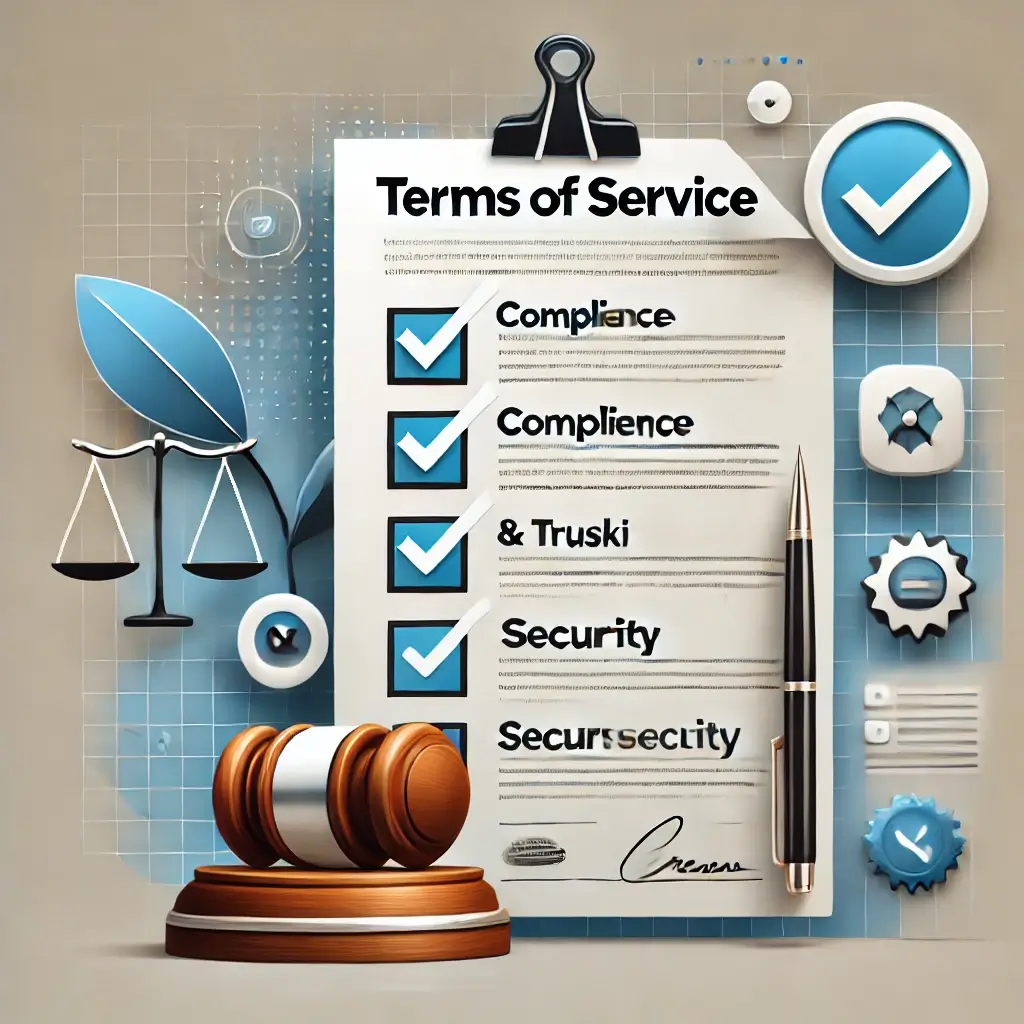 Terms of Service document with a checklist, gavel, and contract symbolizing compliance and security.